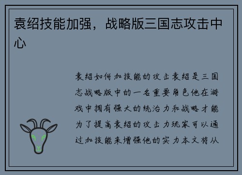 袁绍技能加强，战略版三国志攻击中心